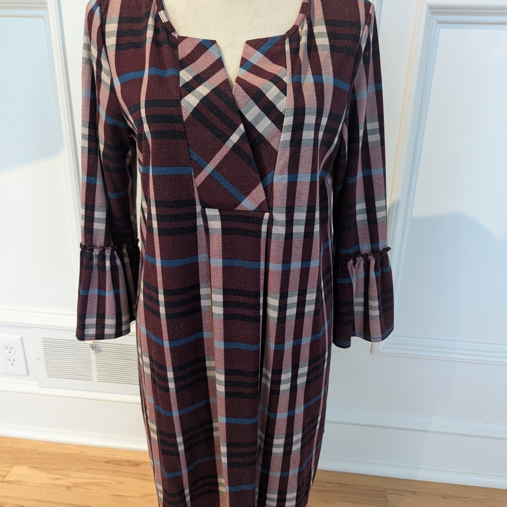 Calstyle Burgundy Plaid Long Sleeve Dress